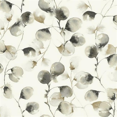 Black & Taupe Eucalyptus Floral Trail Wallpaper