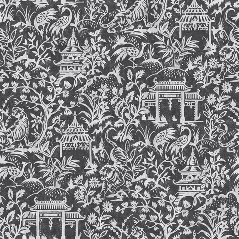 Black Weathered Garden Tiger & Crane Toile Wallpaper