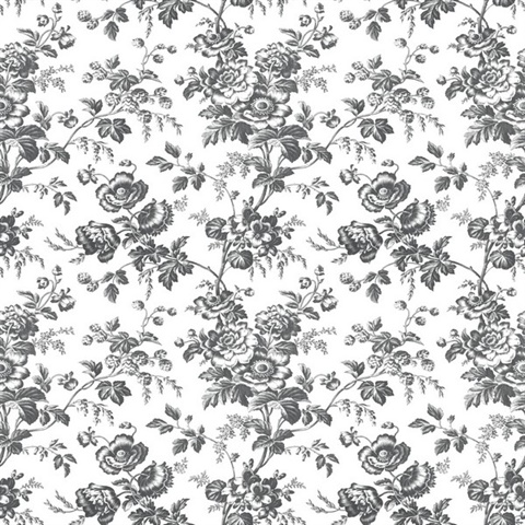 Black & White Anemone French Vine Toile Wallpaper