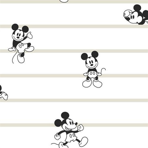 Black, White & Beige Disney Mickey Mouse Stripe Wallpaper