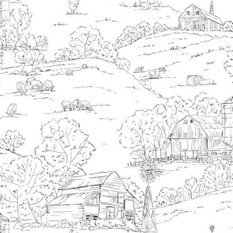Black & White Farm Pasture Toile Wallpaper