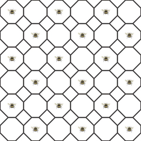 Black & White Geometric Hexagon Bee Hive & Bees Wallpaper