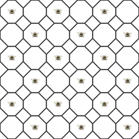 Black & White Geometric Hexagon Bee Hive & Bees Wallpaper