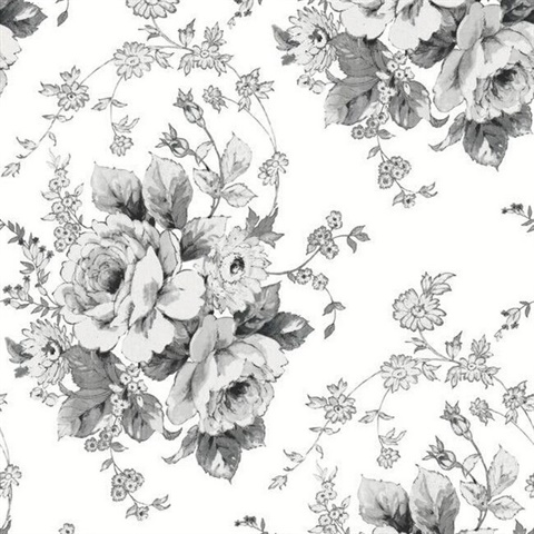 Black & White Heritage Rose Floral Wallpaper