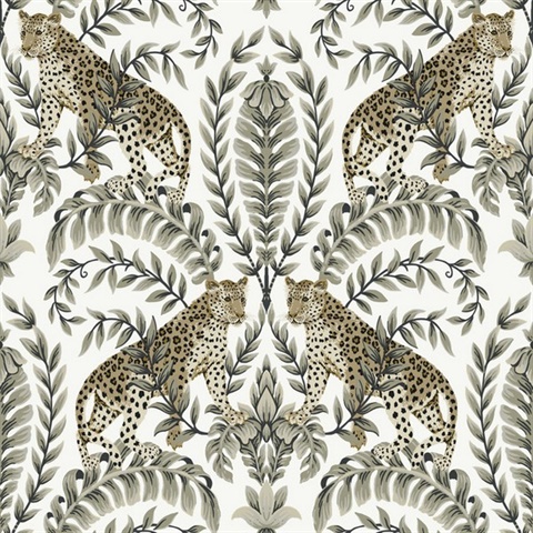 Black & White Jungle Leopard & Leaf Wallpaper