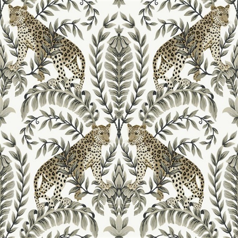 Black & White Jungle Leopard & Leaf Wallpaper
