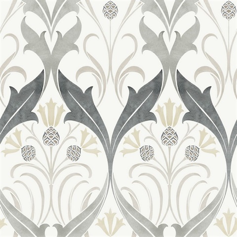 Black & White Pine Cone Ribbon Damask Wallpaper