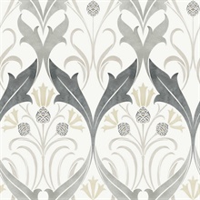 Black & White Pine Cone Ribbon Damask Wallpaper