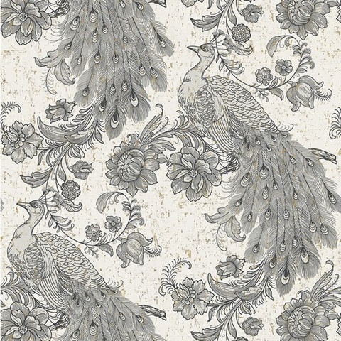 Black & White Robinhood Faux Cork Peacock & Floral Wallpaper