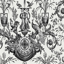 Black & White Rooster & Chicken Fountain Toile Wallpaper
