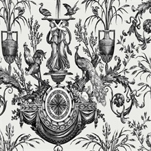 Black &amp; White Rooster &amp; Chicken Fountain Toile Wallpaper