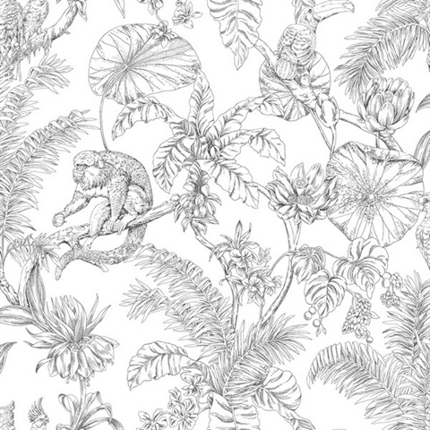 Black & White Tropical Animal Toile Wallpaper