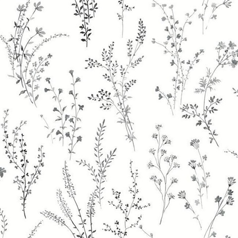 Black & White Wildflower Sprigs Floral Wallpaper