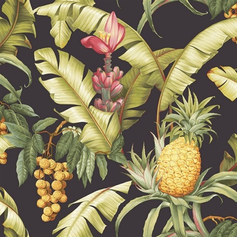 Black & Yellow Commercial Pineapple Floral Wallpaper