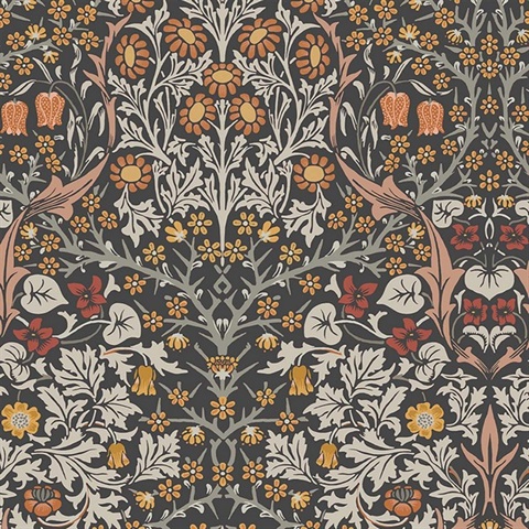 Blackthorn Charcoal & Burnt Orange Victorian Floral Wallpaper