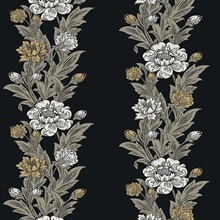 Blooming Stripe Floral & Leaf  Black  Wallpaper