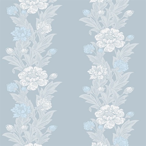 Blooming Stripe Floral & Leaf  Blue Wallpaper