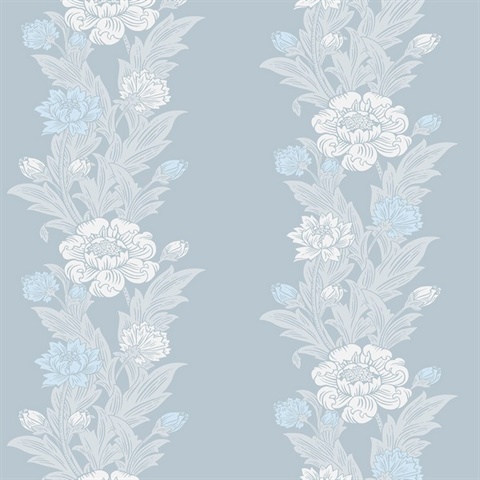 Blooming Stripe Floral & Leaf  Blue Wallpaper