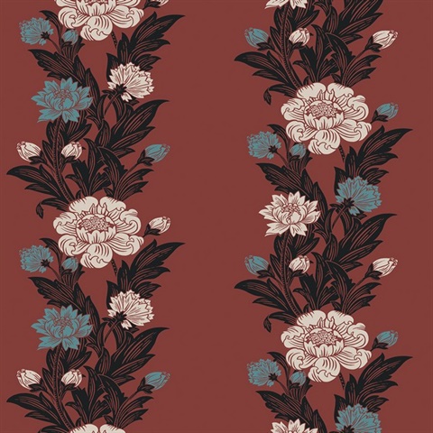 Blooming Stripe Floral & Leaf  Red Wallpaper