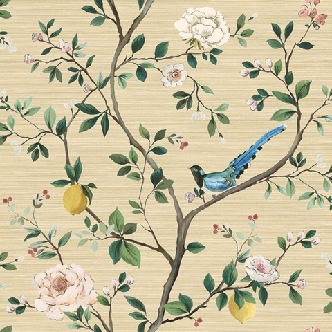 Blossom Bird on Citrus Tree Rose Gold Sisal Wallpaper