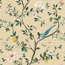 Blossom Bird on Citrus Tree Rose Gold Sisal Wallpaper
