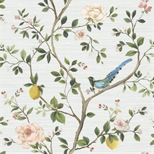 Blossom Bird on Citrus Tree Silver Sisal Wallpaper