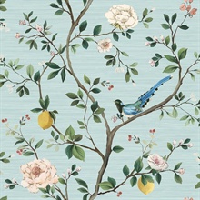 Blossom Bird on Citrus Tree Topaz Blue Sisal Wallpaper