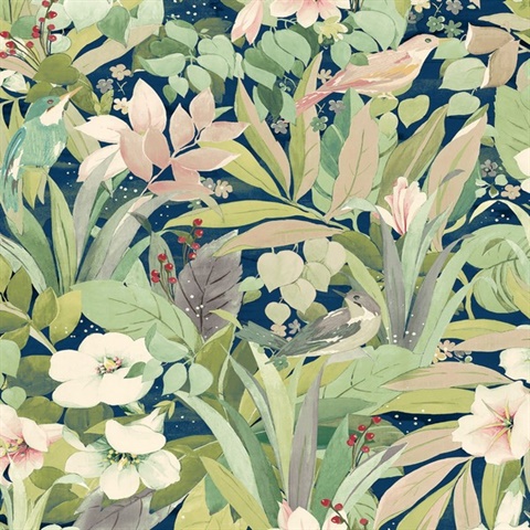 Blossoming Birds Botanical Fern & Denim Blue Peel and Stick Wallpaper