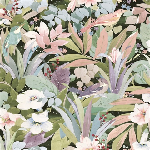 Blossoming Birds Botanical Forest & Petal Pink Peel and Stick Wallpape