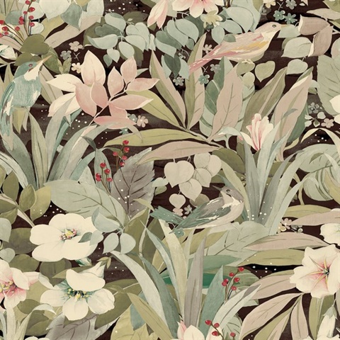 Blossoming Birds Botanical Sage & Ash Brown Peel and Stick Wallpaper
