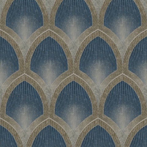 Blue Art Deco Geometric Scallop Wallpaper