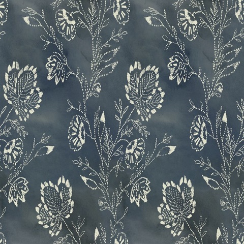 Blue Barbier Watercolor Leaf & Vine Wallpaper