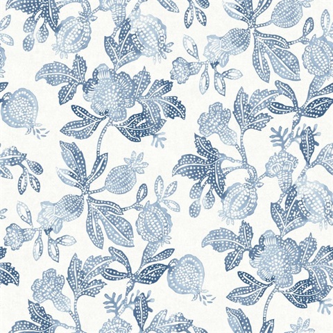 Blue Beach Rose Floral & Fruit Wallpaper