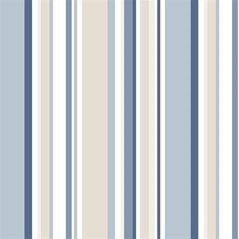 Blue, Beige and White Step Stripe Prepasted Wallpaper