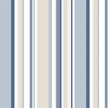Blue, Beige and White Step Stripe Prepasted Wallpaper