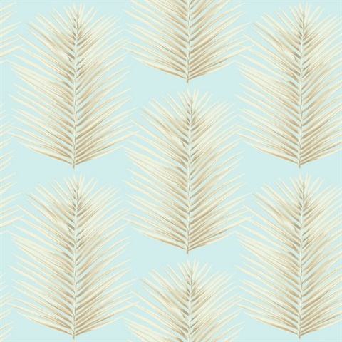 Blue & Beige Commercial Palm Leaves Wallpaper