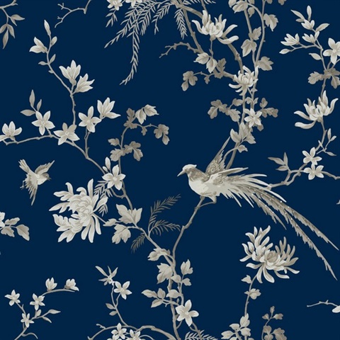 Blue Bird And Blossom Chinoserie Wallpaper