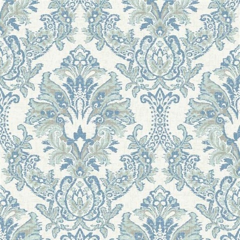 Blue Bold Borcade Damask Wallpaper