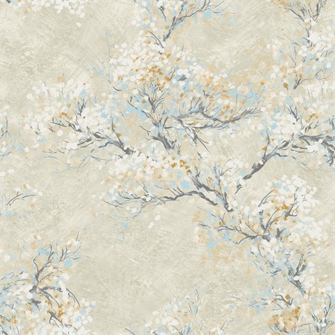 Blue, Brown, Tan & White Commercial Cherry Blossom Bloom Wallpaper