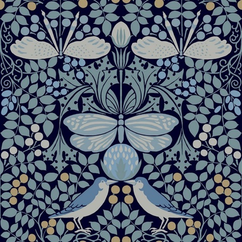 Blue Butterfly & Bird Garden Wallpaper
