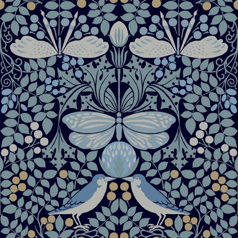 Blue Butterfly & Bird Garden Wallpaper