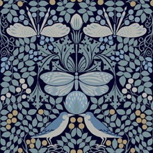 Blue Butterfly & Bird Garden Wallpaper
