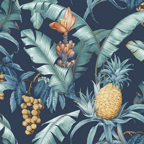 Blue Commercial Pineapple Floral Wallpaper