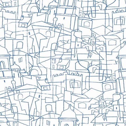 Blue Cubist Cityscape Peel and Stick Wallpaper