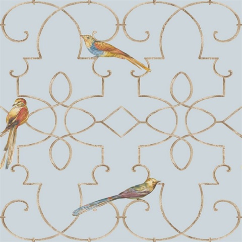 Blue & Gold Commercial Ironwork with Birds Wallpaper