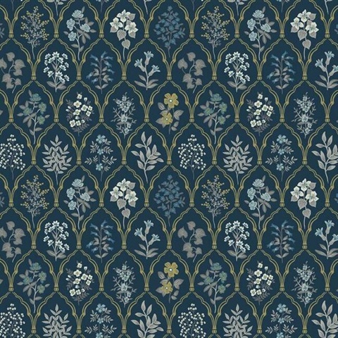 Blue & Gold Hawthorne Vintage Botanical Arches Rifle Paper Wallpaper
