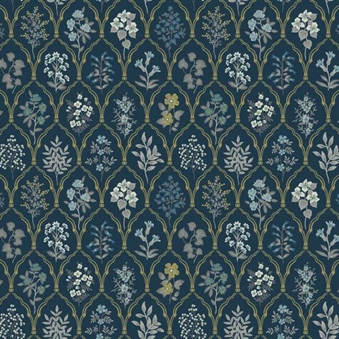 Blue & Gold Hawthorne Vintage Botanical Arches Rifle Paper Wallpaper