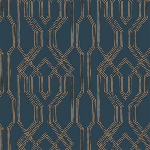 Blue & Gold Oriental Lattice Wallpaper