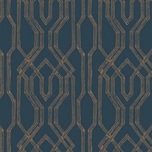 Blue &amp; Gold Oriental Lattice Wallpaper