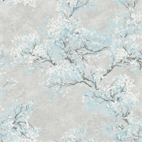 Blue, Gray & White Commercial Cherry Blossom Bloom Wallpaper